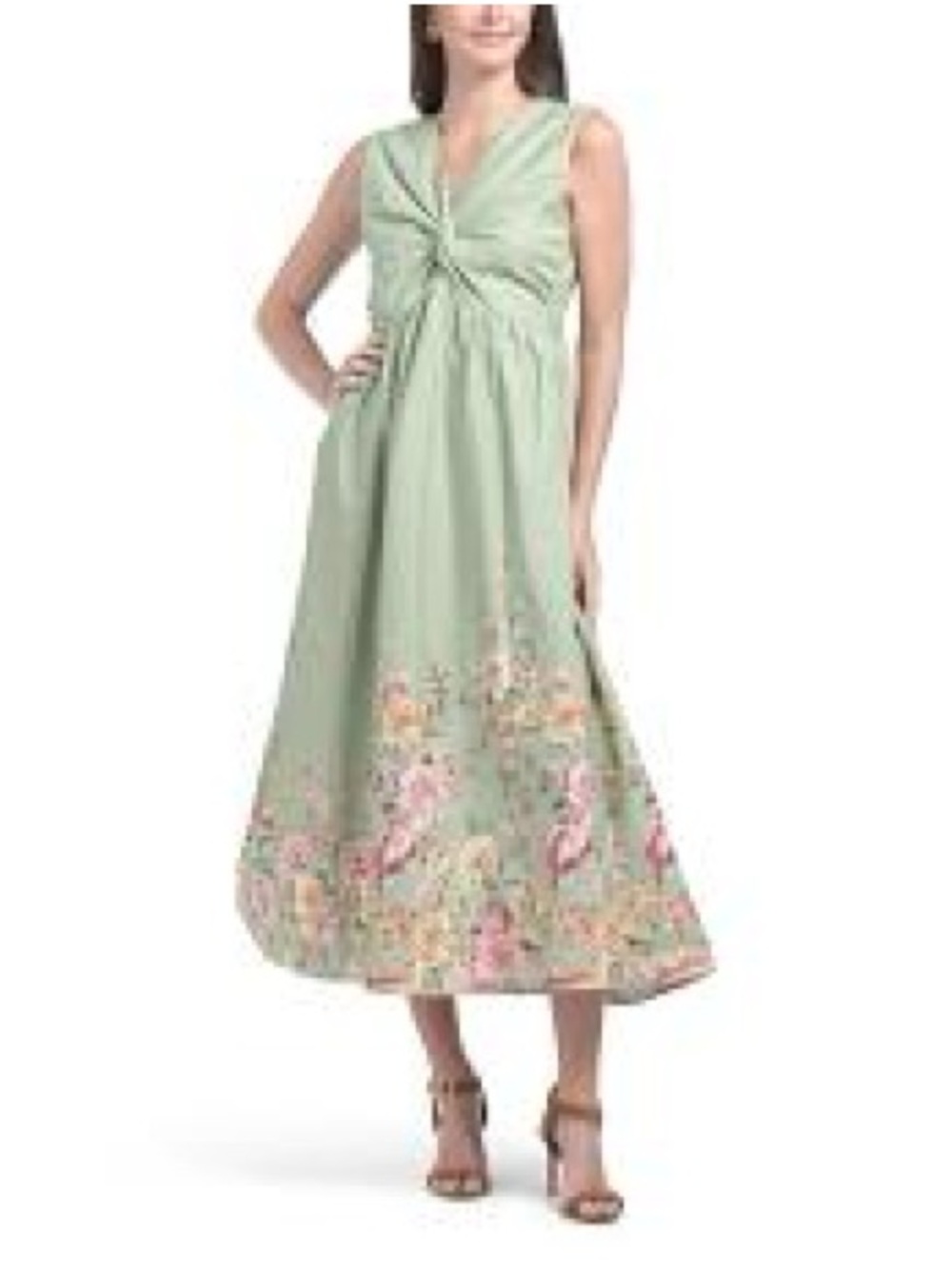 NWOT- Rachel Zoe Pastel Sage Green Sleeveless Midi Dress Floral Border Size 8